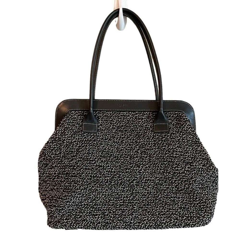 The Sak Hand Crochet Elliott Lucca Satchel Bag Black Handle Purse Black White